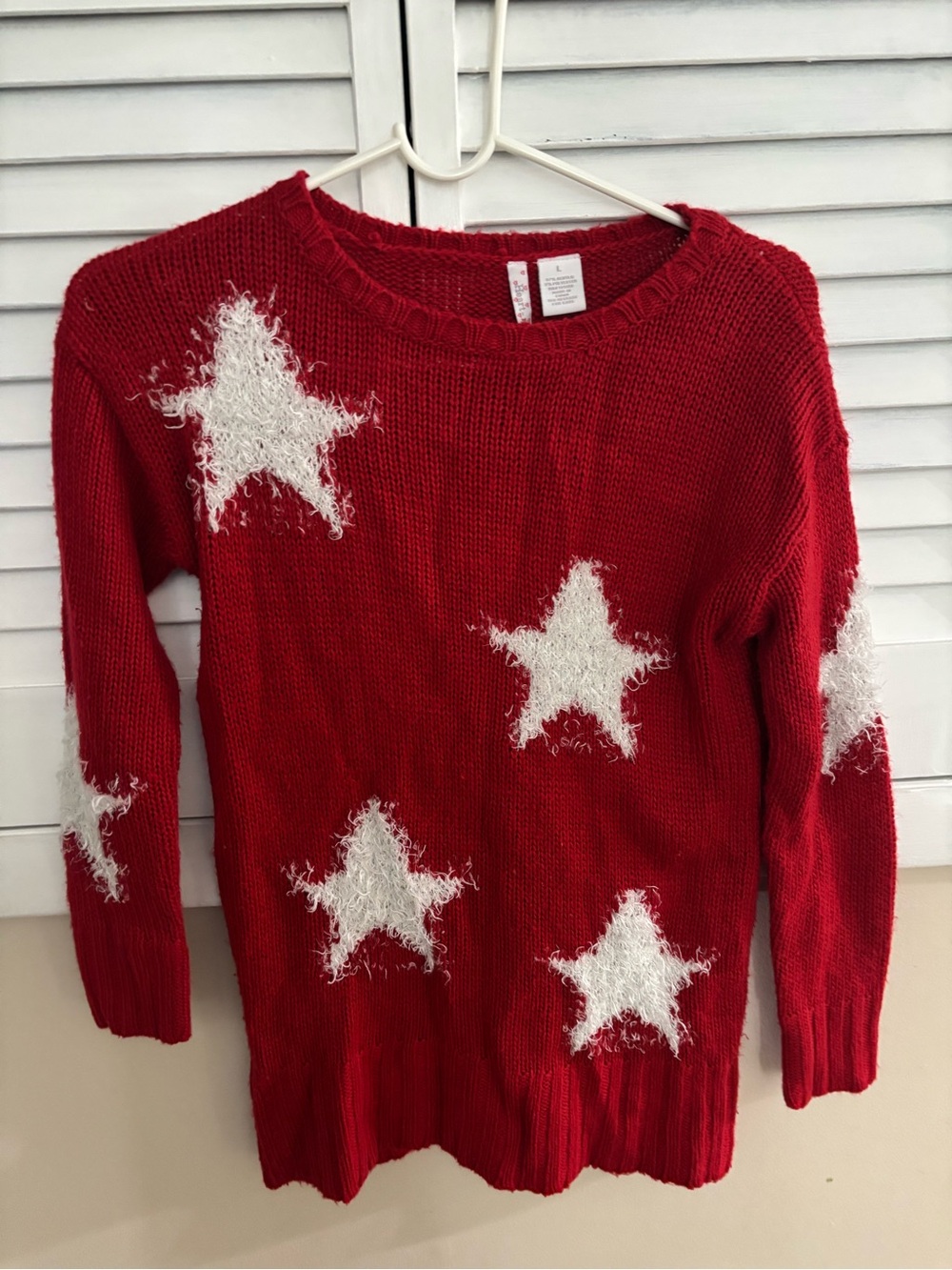 Youth red fuzzy sweater with white stars